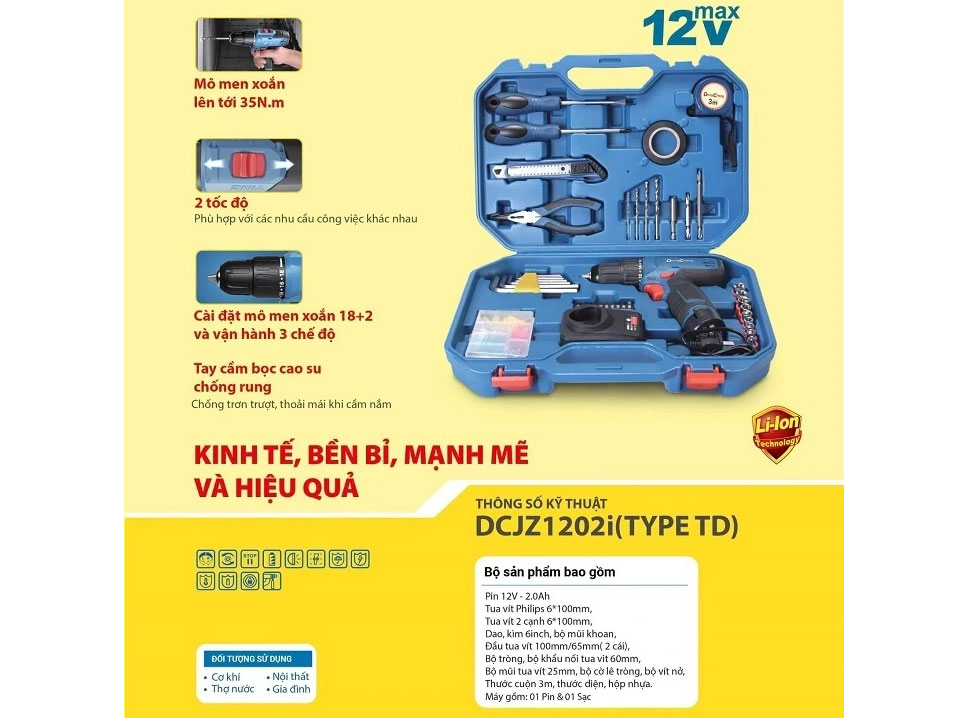 Máy khoan vặn vít dùng pin 12V Dongcheng DCJZ1202i (TD