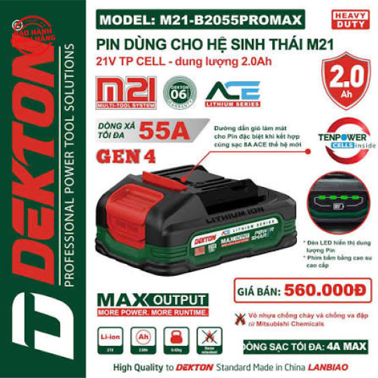 Pin 21V 2.0Ah Dekton M21-B2055PROMAX (ACE)