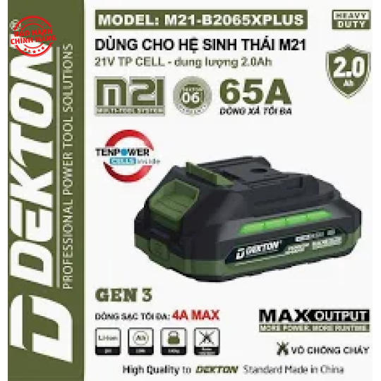 Pin 21V 2.0Ah Dekton M21-B2065PLUS (dòng xả max 65A)