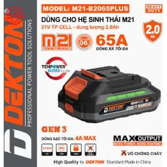 Pin 21V 2.0Ah Dekton M21-B2065PLUS (dòng xả max 65A)