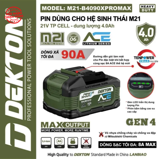 Pin 21V 4.0Ah Dekton M21-B4090XPROMAX (ACE)
