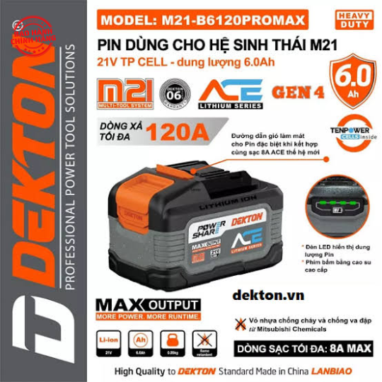 Pin Dekton Gen 4 M21-B6120XPROMAX 21V 6.0Ah Dòng Xả Cao