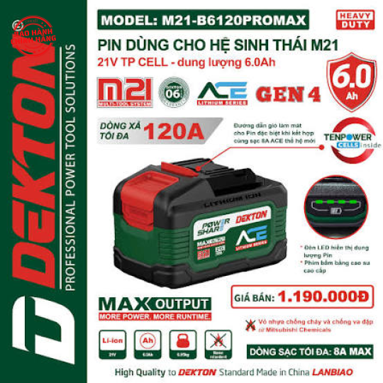 Pin Dekton Gen 4 M21-B6120XPROMAX 21V 6.0Ah Dòng Xả Cao