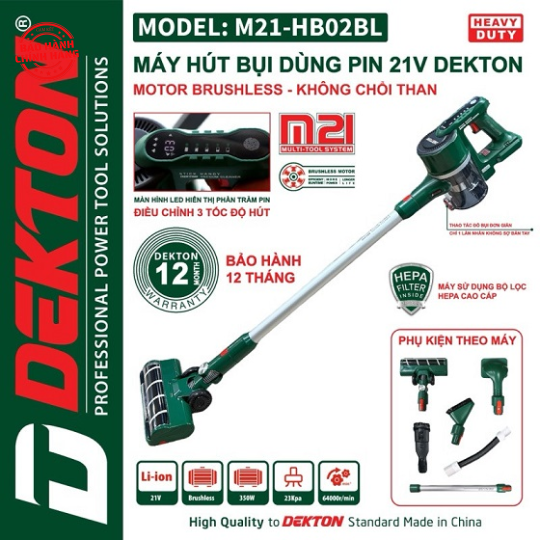  Máy hút bụi dùng pin 21V Dekton M21-HB02BL (Chưa Pin & Sạc)