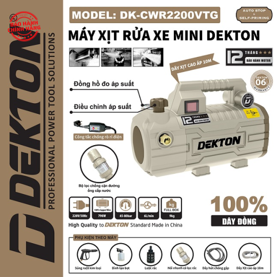Máy xịt rửa áp lực Dekton DK-CWR2200VTG (Motor lõi đồng)