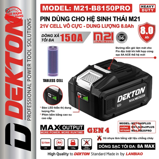 Pin 21V 8Ah Dekton M21-B8150PRO (màu đen)