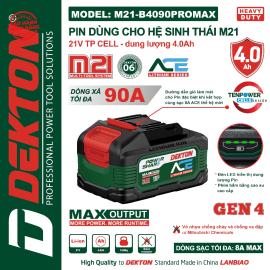 Pin 21V 4.0Ah Dekton M21-B4090XPROMAX (ACE)