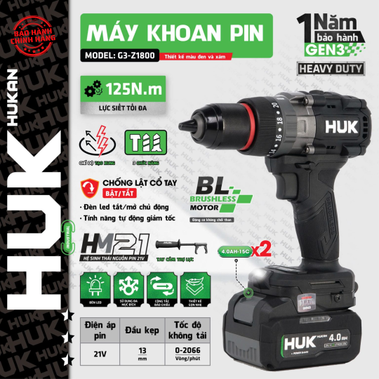 Máy khoan pin Hukan G3-Z1800 ( có khóa trục )