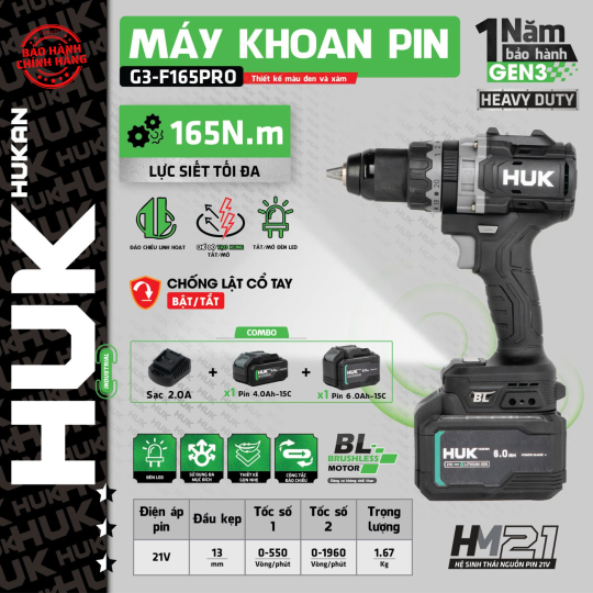 Máy khoan pin Hukan G3-F165PRO