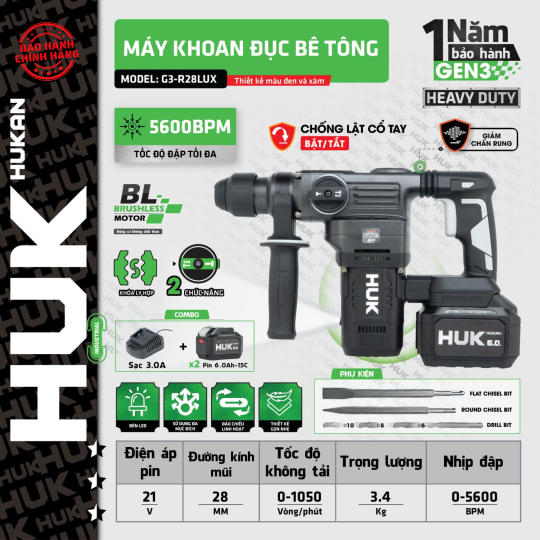 Máy khoan đục bê tông 2 chức năng Hukan G3-R28LUX (Gen3)