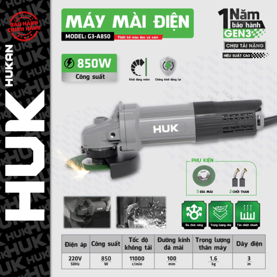 Máy mài điện (GEN 3) công tắc đuôi Hukan G3-A850